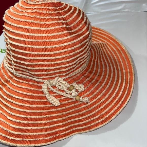 Peach Beige Striped Beach Hat Straw Floppy Resort Hat Wide Brim Textured Stripes - Picture 10 of 14